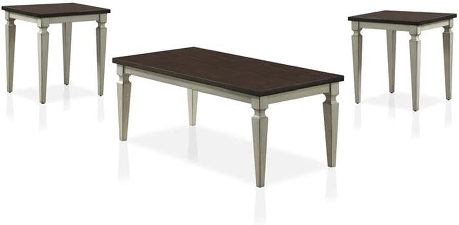 Bowery Hill 3-Piece Coffee Table Set, Antique White and Brown Finish, MDF and Wood, Includes Coffee Table and 2 End Tables, Transitional Style, Living Room Furniture with Two-Tone Design, Tapered Legs