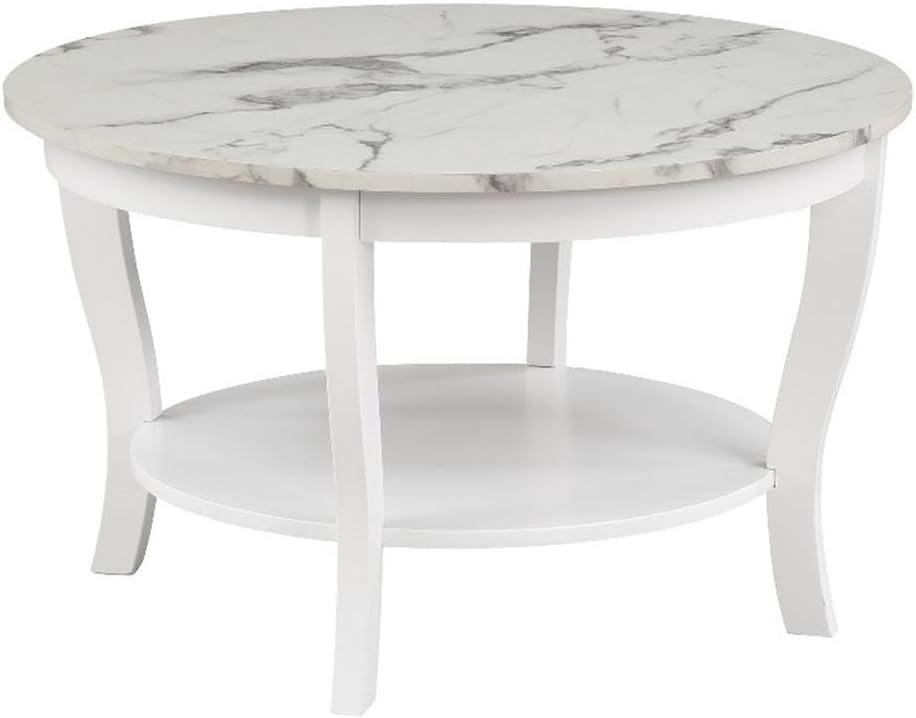 Pemberly Row Round Coffee Table with Shelf, 30 in Diameter, White Wood and Faux Marble, Two-Tier Design, Solid Rubberwood Legs, Modern Accent Table for Living Room or Lounge