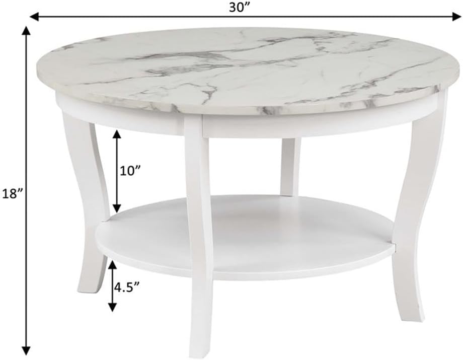 Pemberly Row Round Coffee Table with Shelf, 30 in Diameter, White Wood and Faux Marble, Two-Tier Design, Solid Rubberwood Legs, Modern Accent Table for Living Room or Lounge