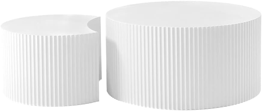WILLIAMSPACE Nesting Coffee Table Set of 2, Round & Crescent Moon Wooden Coffee Tables, Modern Luxury Accent End Tea Table for Living Room Apartment (White-Round)