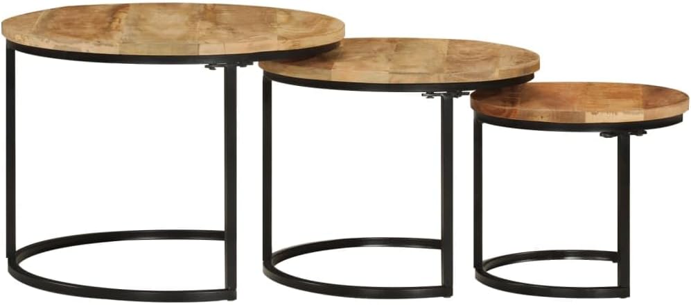 vidaXL Solid Rough Mango Wood Nesting Tables - 3 pcs Set of Round Stacking Coffee Tables with Industrial Design for Living Room, Bedroom, and Office Use