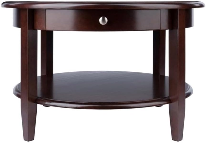 Pemberly Row Round Transitional Solid Wood Coffee Table, Antique Walnut Finish, 18 in x 30 in, Open Lower Shelf, Drawer Storage, Tapered Legs, Classic Style for Living Room or Home Decor