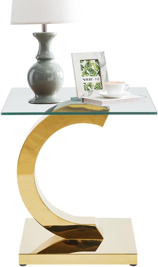 SSLine 1 Piece Living Room End Table Luxury Glass Side Table, Modern Gold End Table with C-Shape Stainless Steel Pedestal Base for Living Room Bedroom Office (1 End Table)