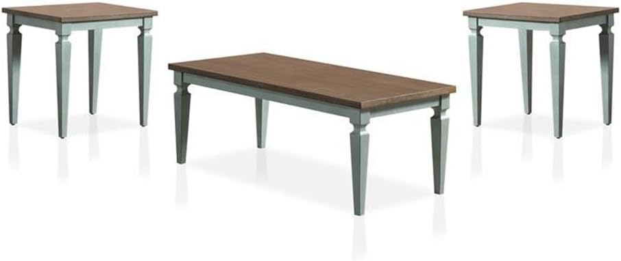 BOWERY HILL Transitional Wood 3-Piece Coffee Table Set, Antique Blue and Oak Finish, MDF and Acacia Wood Tops, Includes Coffee Table and 2 End Tables, Two-Tone Design Living Room Furniture