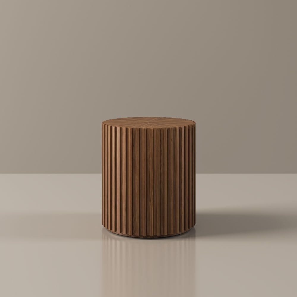 POVISON Round Coffee Side Table, Mid Century Wood End Table, Fluted Side Table for Living Room Bedroom Office, 20.08', Light Walnut