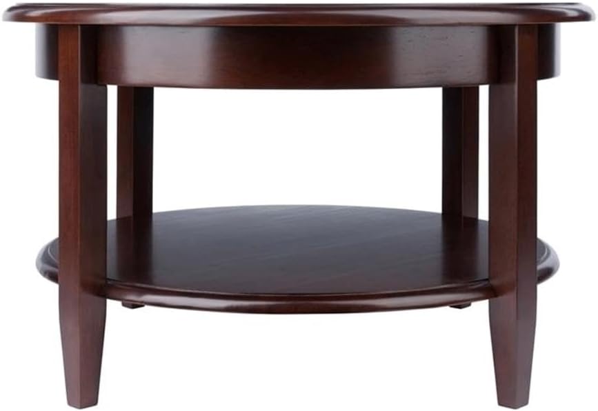 Pemberly Row Round Transitional Solid Wood Coffee Table, Antique Walnut Finish, 18 in x 30 in, Open Lower Shelf, Drawer Storage, Tapered Legs, Classic Style for Living Room or Home Decor
