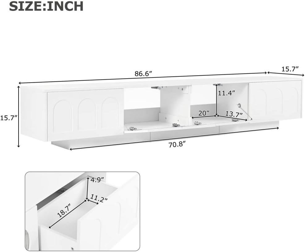 86.6' LED TV Stand with Fluted Tempered Glass Doors for TVs Up to 95'', Functional Media Console Entertainment Center with Arched Cabinet Doors (White)