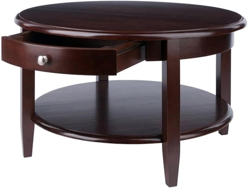 Pemberly Row Round Transitional Solid Wood Coffee Table, Antique Walnut Finish, 18 in x 30 in, Open Lower Shelf, Drawer Storage, Tapered Legs, Classic Style for Living Room or Home Decor