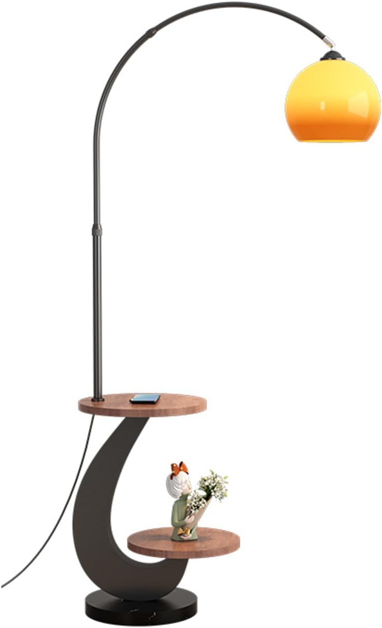 Bofea-Arc Floor Lamps for Living Room,Black Floor Lamp with Table | Wood End Side Table with Lamp,Adjustable Orange Lamps Over Sofa,Warm Lighting,Mid Century Standing Light for Couch