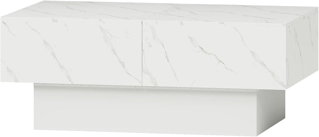 HedoAjim White Marble LED Coffee Table with Storage for Living Room, Living Room Table Rectangular Center Table, Modern High Glossy Wooden Coffee Tables for Dining Reception Room