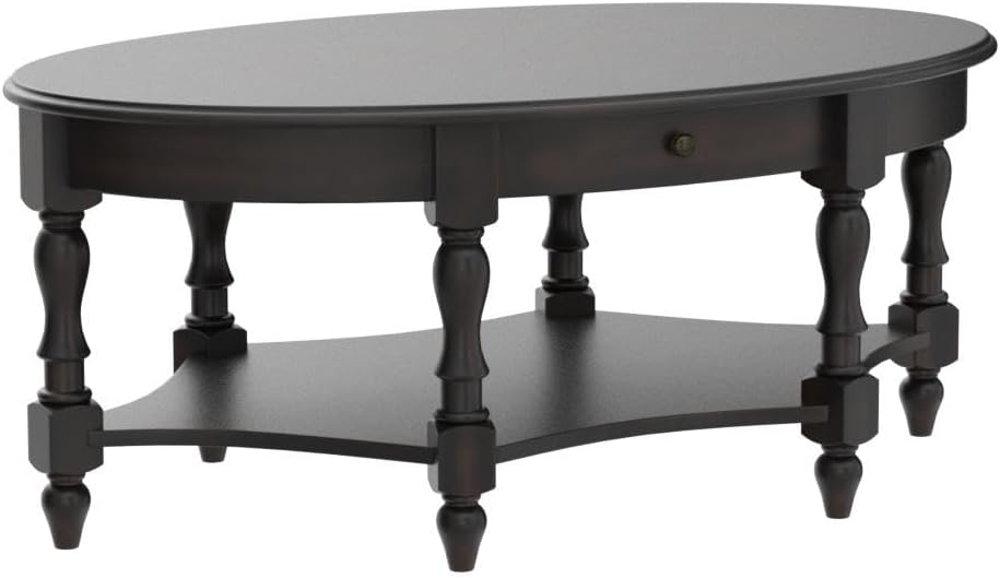 Coffee Table with Drawer, Solid Wood Oval Center Table with Storage Shelf, Traditional Living Room Table with Elegant Vintage Style, Easy Assembly, 45' x 27.6' x 18.2' Retro Walnut KFZ2233DC