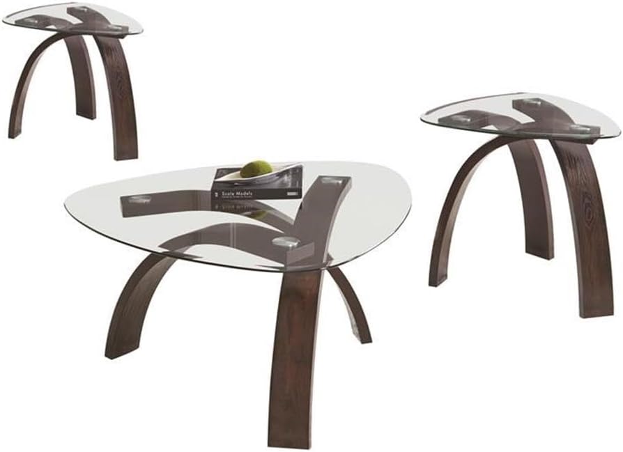BOWERY HILL 3-Piece Coffee Table Set, Merlot Cherry Finish, Mixed Media Design, Beveled Glass Triangular Tops, Bentwood Base, Includes 1 Coffee Table and 2 End Tables, Modern Living Room Furniture