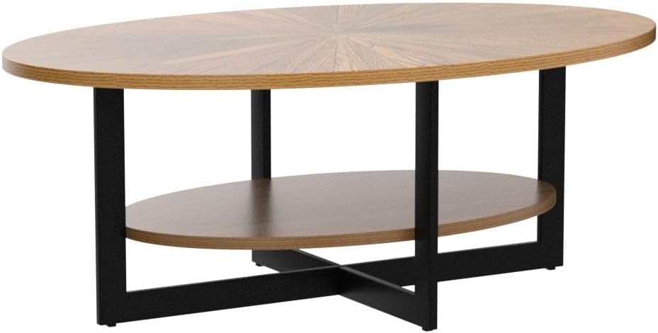 Wood Oval Coffee Table for Living Room, 2 Tier Circle Rustic Coffee Table with Storage Shelf ＆ Metal Legs for Apartment, Easy Assembly (Espresso,47' Dx30 Wx18 H)