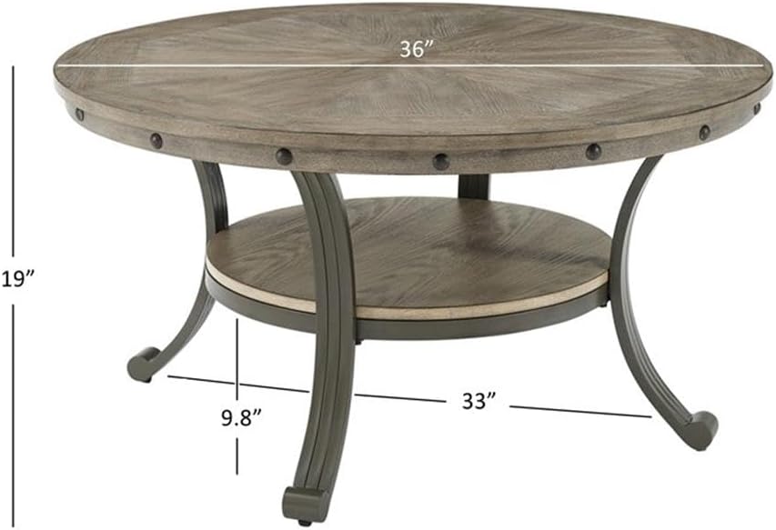 Pemberly Row Round Coffee Table, 36' Wood and Metal, Pewter and Champagne Finish, Inlay Patterned Top, Lower Shelf, Transitional Style Living Room Furniture
