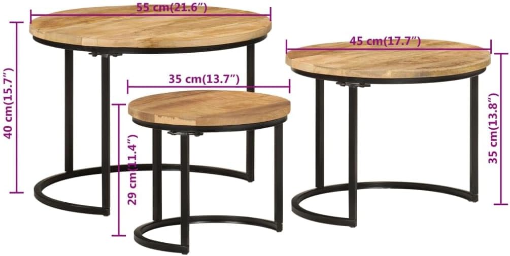 vidaXL Solid Rough Mango Wood Nesting Tables - 3 pcs Set of Round Stacking Coffee Tables with Industrial Design for Living Room, Bedroom, and Office Use