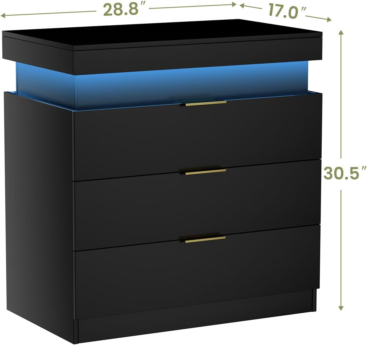 Black Nightstand with Charging Station and LED Lights,30.5 Inch Tall Night Stand with Sliding Top for Bedroom, Bedside Table with 3 Drawers, Modern End Side Table for Living Room