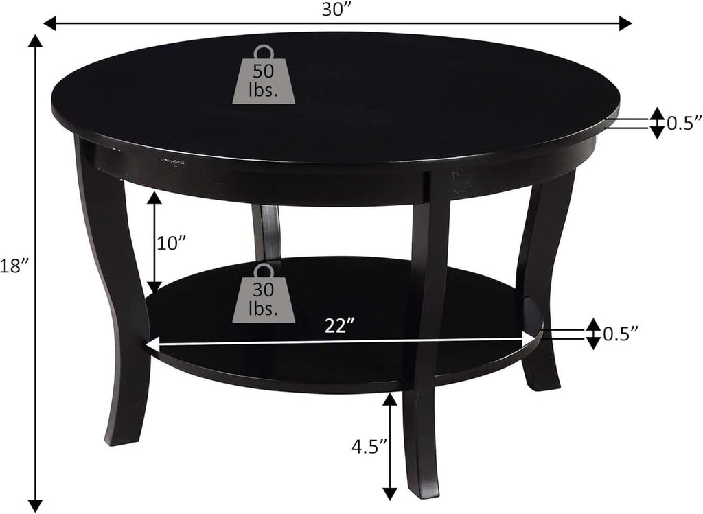 HomeStock Global Greatness Round Coffee Table with Shelf, Wood Finish, Classic Transitional Style Table, Two Tier Spacious Shelving, 30.00 x 30.00 x 18.00 Inch Black