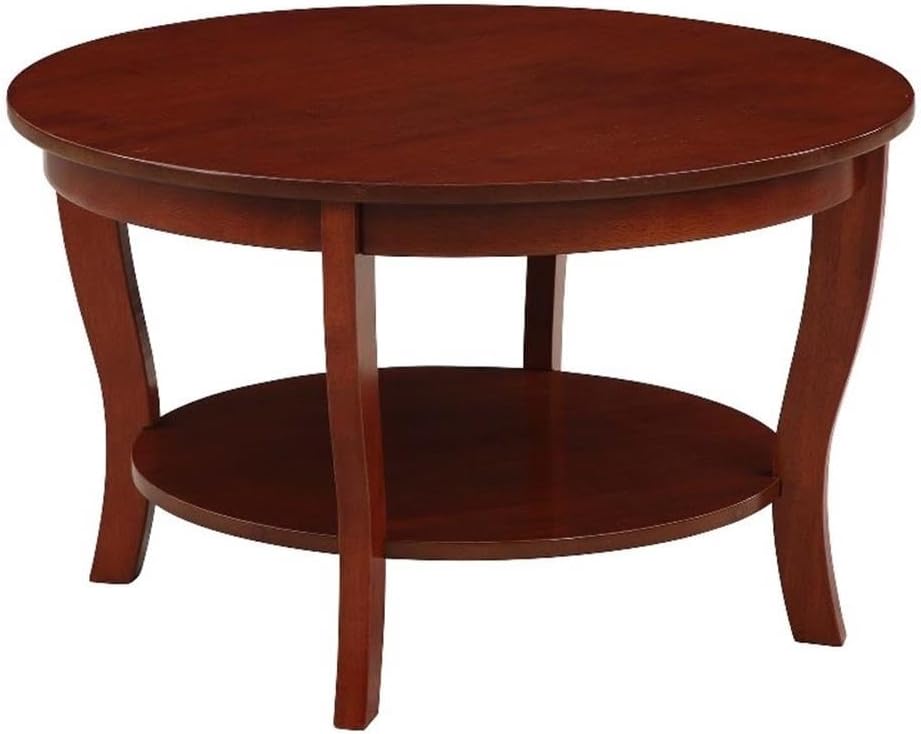 Pemberly Row Round Coffee Table with Shelf, Mahogany Wood Finish, 30 in Diameter, Rubberwood and Veneer Construction, Two Tiers, Classic Design for Living Room or Home