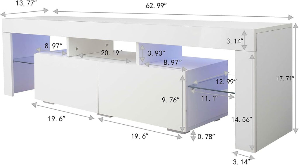 White LED TV Stand for /50/60/70 Inch TVs with Color Change LED Lighting, Universal Entertainment Center for Video Gaming, Movies, and Home Decor, Clear Glass Shelving (White2)