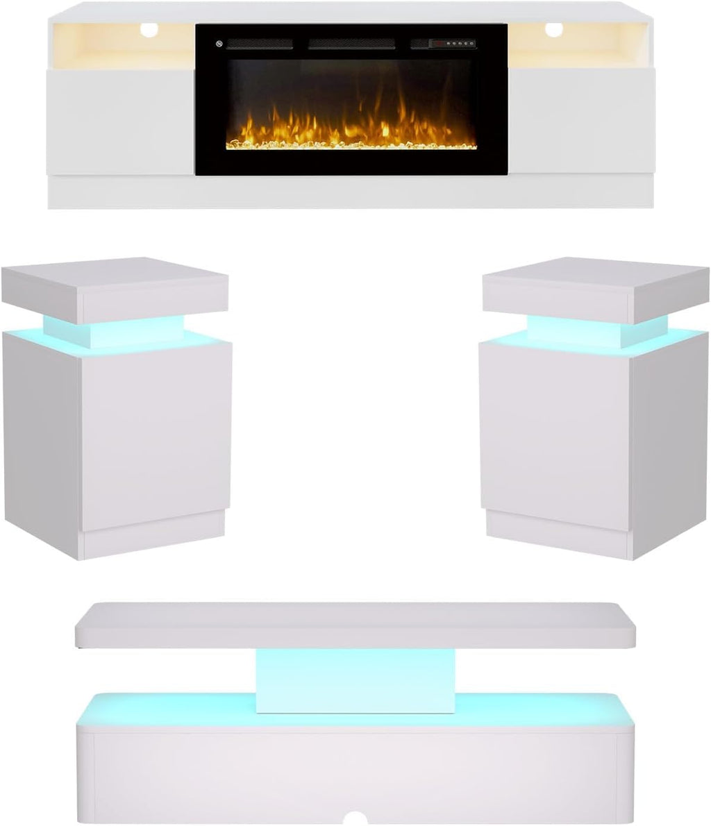 MXV 4-Piece Living Room Table Set Includes A 70'' Modern Fireplace TV Stand with 36'' Electric Fireplace, A 40'' Coffee Table and 2 Side Tables with Storage Space for Living Room, Bedroom, White
