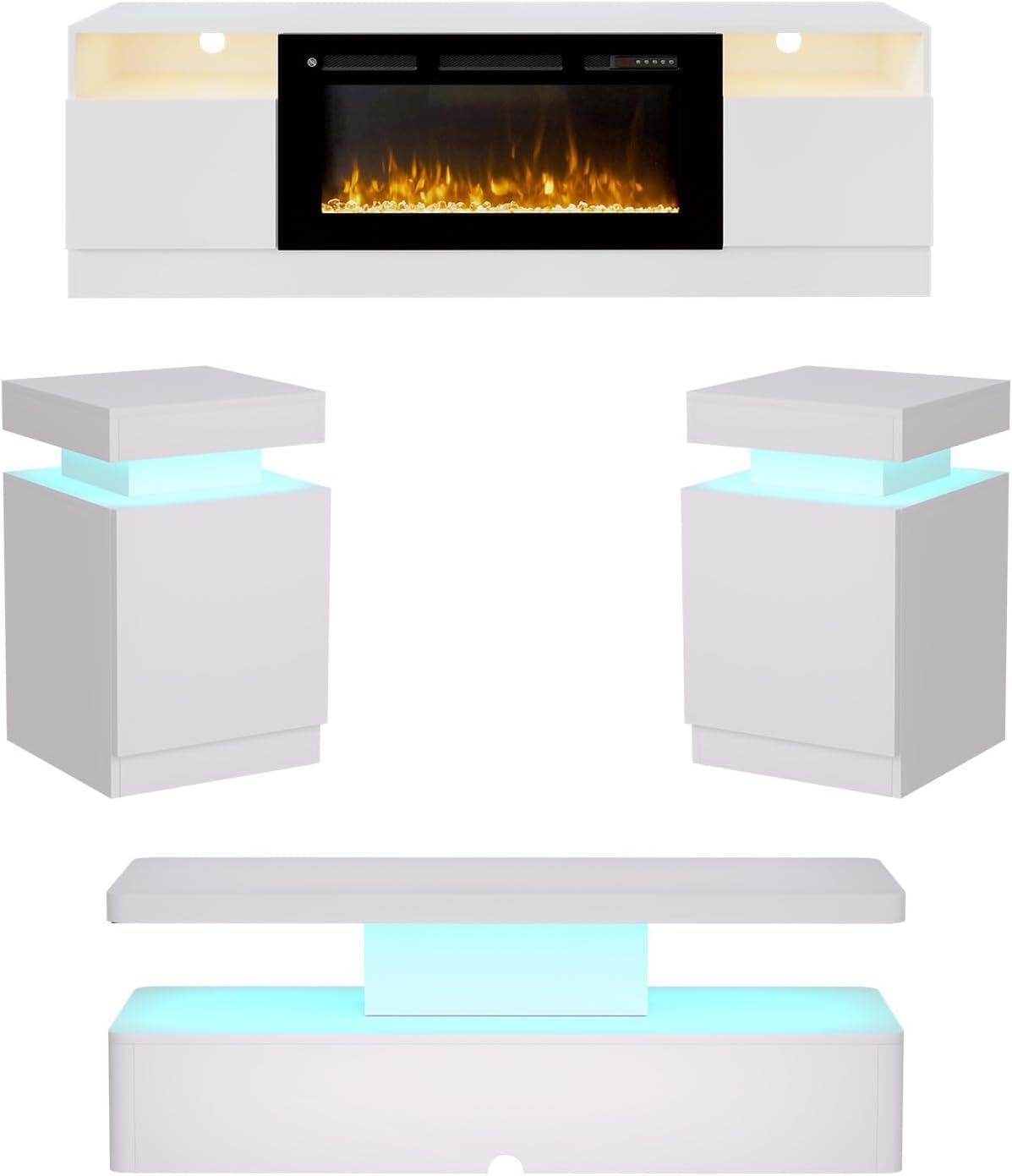 MXV 4-Piece Living Room Table Set Includes A 70'' Modern Fireplace TV Stand with 36'' Electric Fireplace, A 40'' Coffee Table and 2 Side Tables with Storage Space for Living Room, Bedroom, White