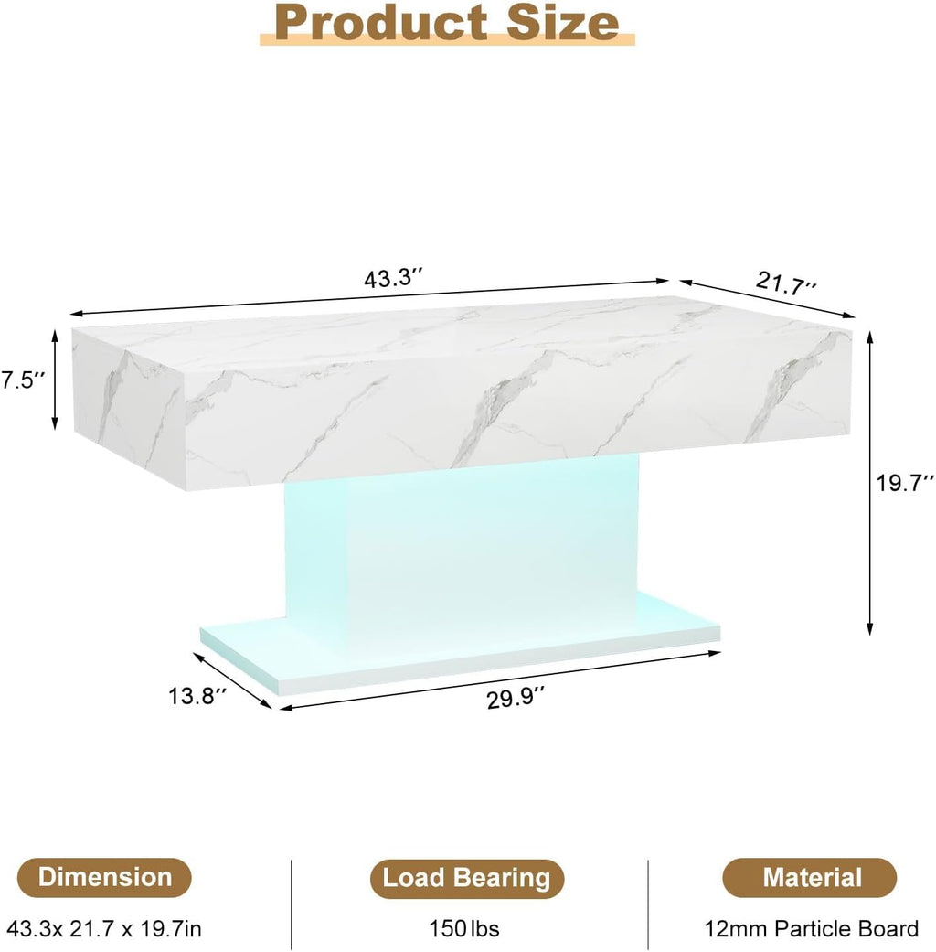 HedoAjim Led Coffee Table for Living Room, Living Room Table Rectangular Center Table, Modern High Glossy Wooden Coffee Tables with 16 Colors LED Lights for Dining Reception Room, White Marble