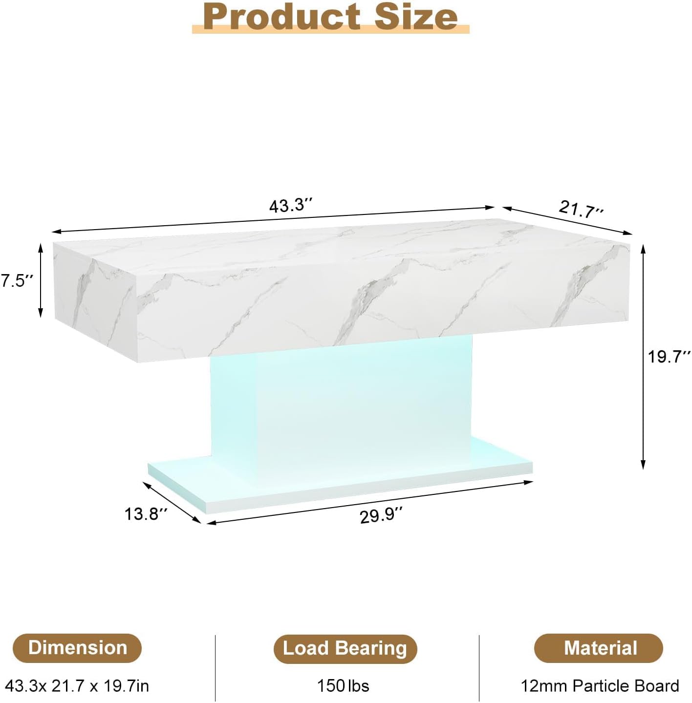 HedoAjim Led Coffee Table for Living Room, Living Room Table Rectangular Center Table, Modern High Glossy Wooden Coffee Tables with 16 Colors LED Lights for Dining Reception Room, White Marble