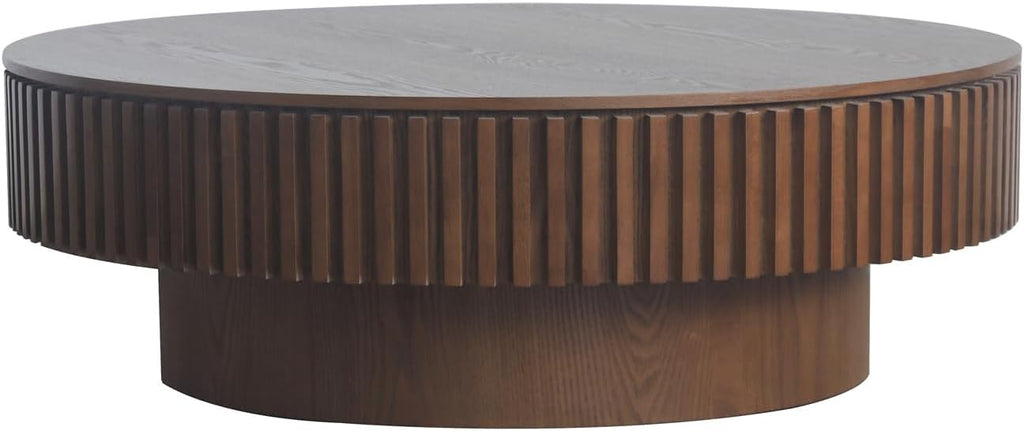 39.37'' Round Coffee Table for Living Room, Fluted Coffee Table with Hidden Storage, Solid Wood Veneered Circle Tea Table, Modern Tea Table for Small Space Apartment (Walnut)