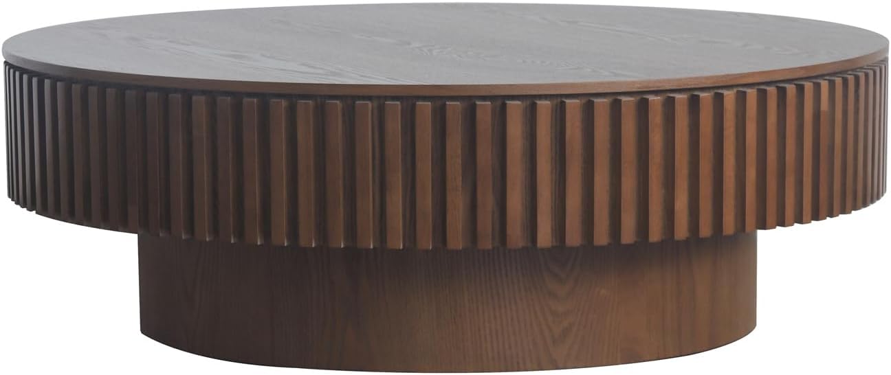 39.37'' Round Coffee Table for Living Room, Fluted Coffee Table with Hidden Storage, Solid Wood Veneered Circle Tea Table, Modern Tea Table for Small Space Apartment (Walnut)