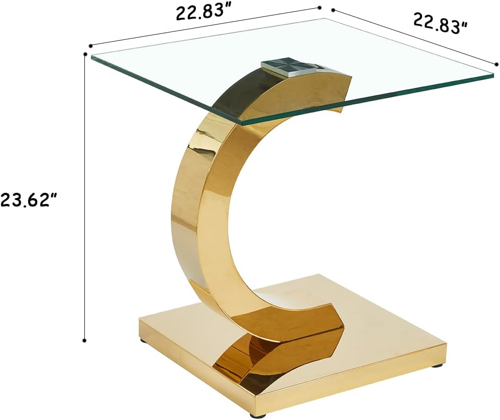 SSLine 1 Piece Living Room End Table Luxury Glass Side Table, Modern Gold End Table with C-Shape Stainless Steel Pedestal Base for Living Room Bedroom Office (1 End Table)