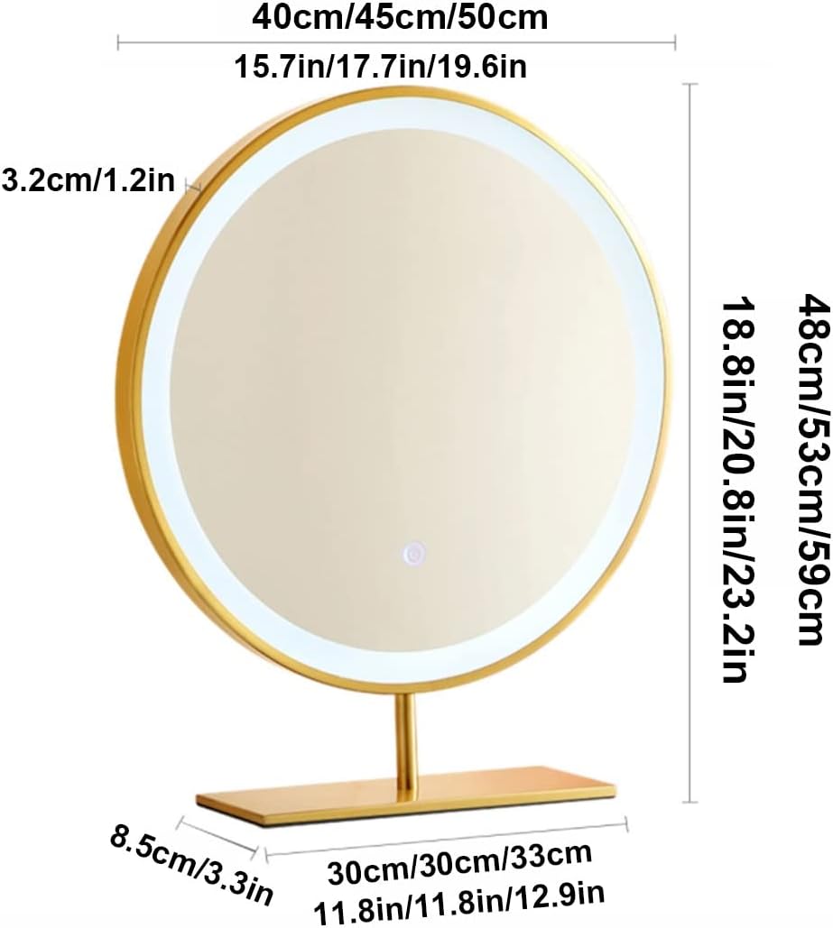 Freestanding Round Vanity Mirror with Led Lights, Bedroom Illuminated Tabletop Mirrors, 3 Color Lighting Stainless Steel Frame Cosmetic Mirror - Touch Switch (Color : Gold, Size : 50x50cm/20