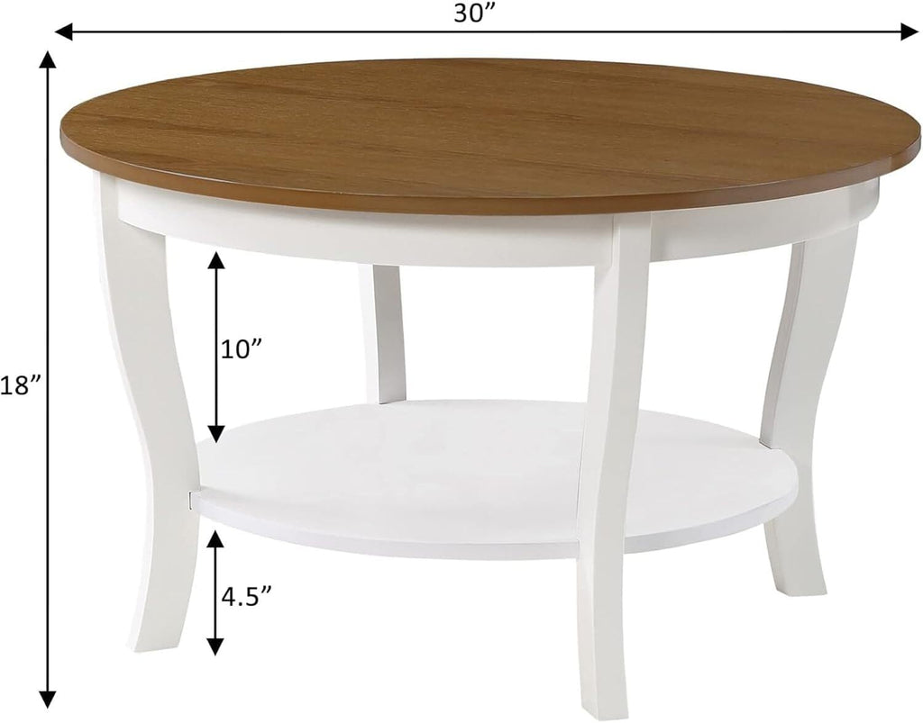 HomeStock Global Greatness Round Coffee Table with Shelf, Wood Finish, Classic Transitional Style Table, Two Tier Spacious Shelving, 30.00 x 30.00 x 18.00 Inch Driftwood and White