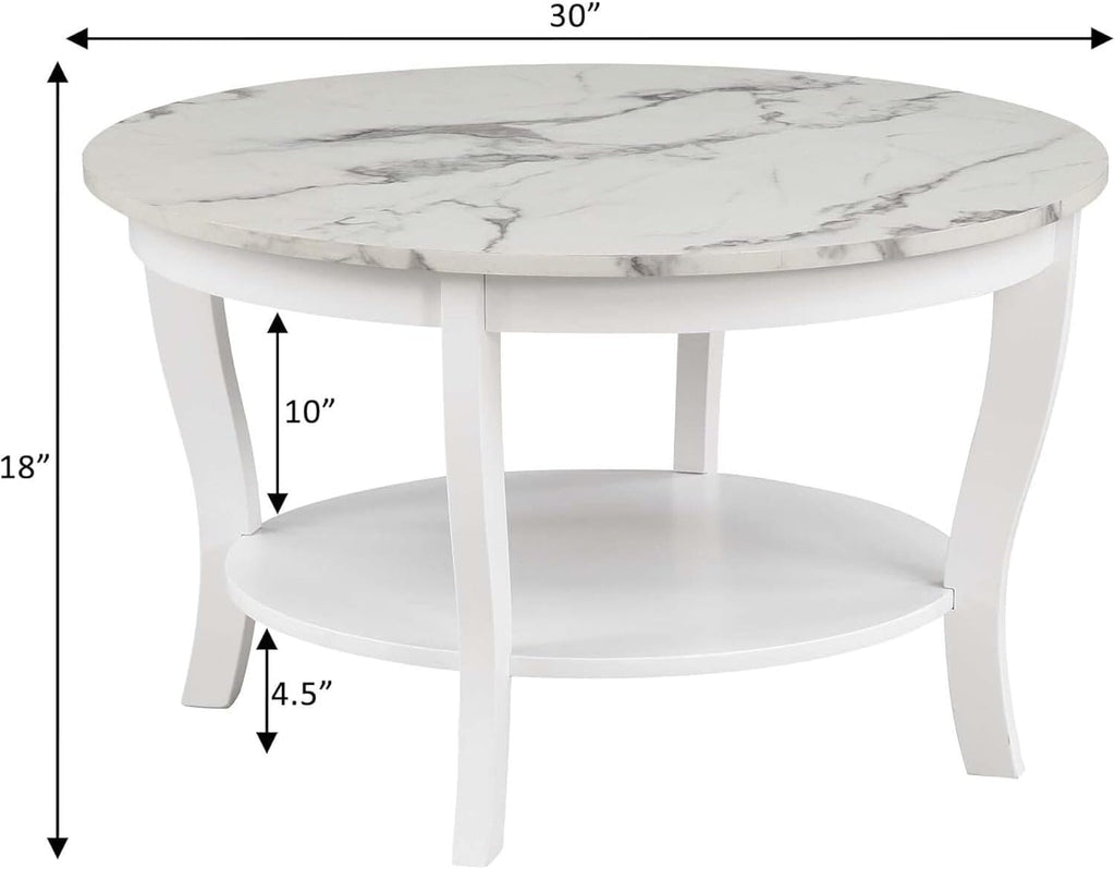 HomeStock Global Greatness Round Coffee Table with Shelf, Wood Finish, Classic Transitional Style Table, Two Tier Spacious Shelving, 30.00 x 30.00 x 18.00 Inch White Faux Marble