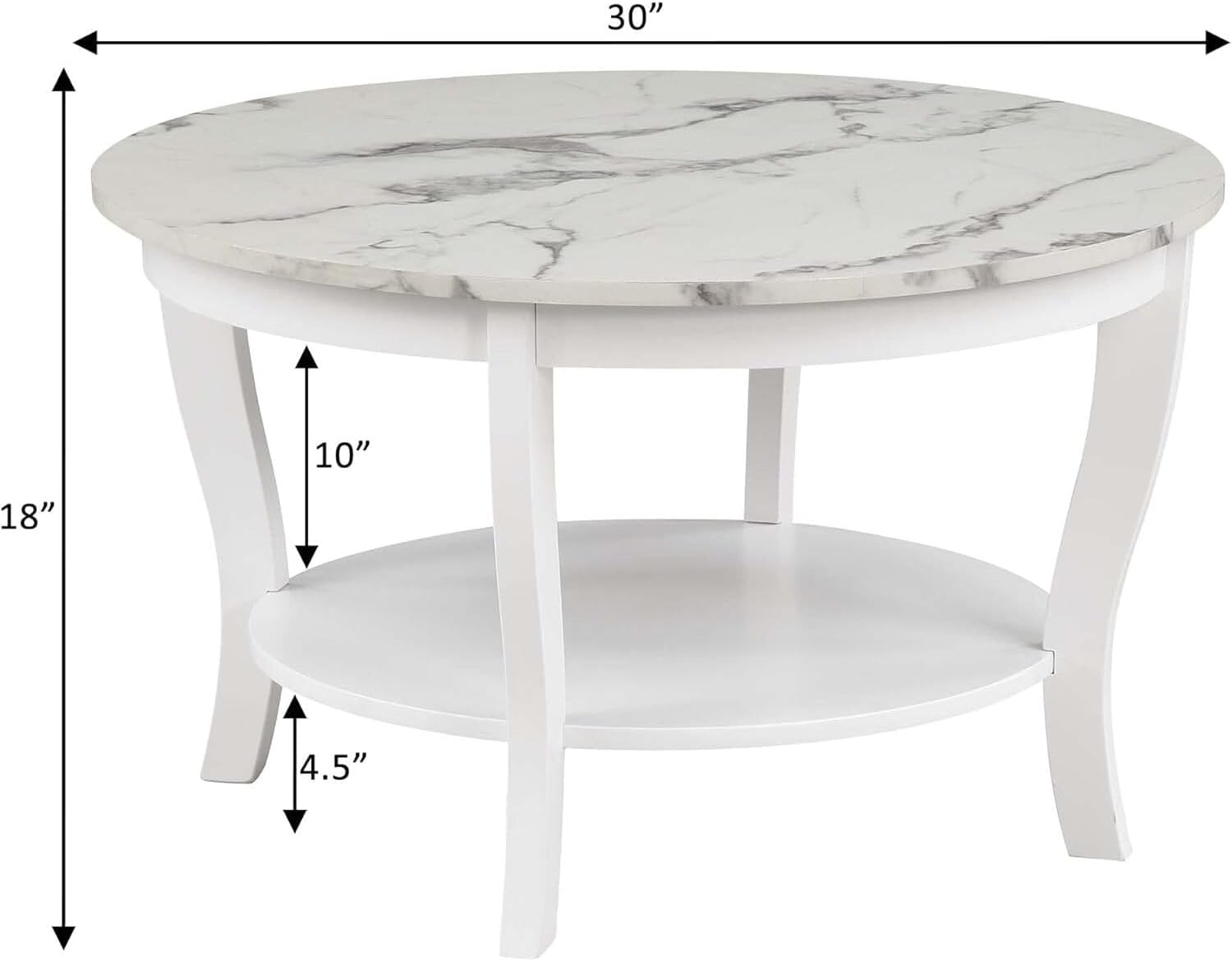 HomeStock Global Greatness Round Coffee Table with Shelf, Wood Finish, Classic Transitional Style Table, Two Tier Spacious Shelving, 30.00 x 30.00 x 18.00 Inch White Faux Marble