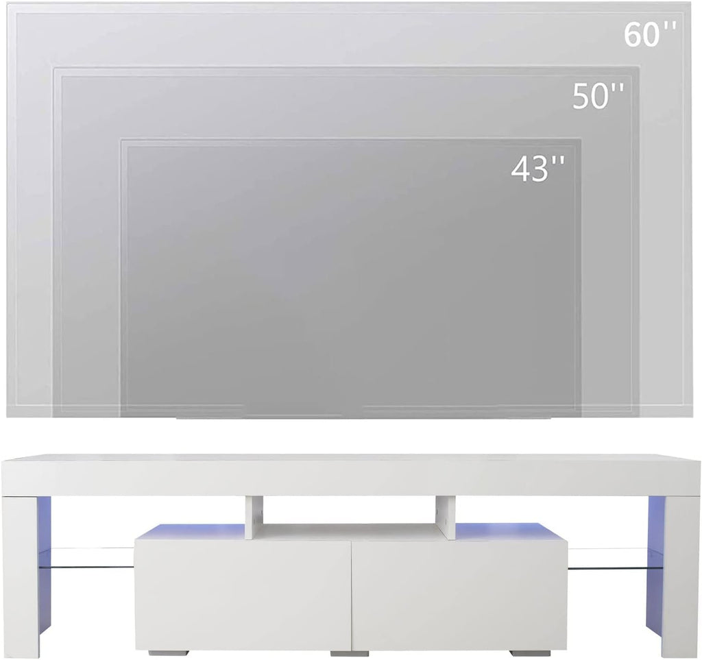 White LED TV Stand for /50/60/70 Inch TVs with Color Change LED Lighting, Universal Entertainment Center for Video Gaming, Movies, and Home Decor, Clear Glass Shelving (White2)