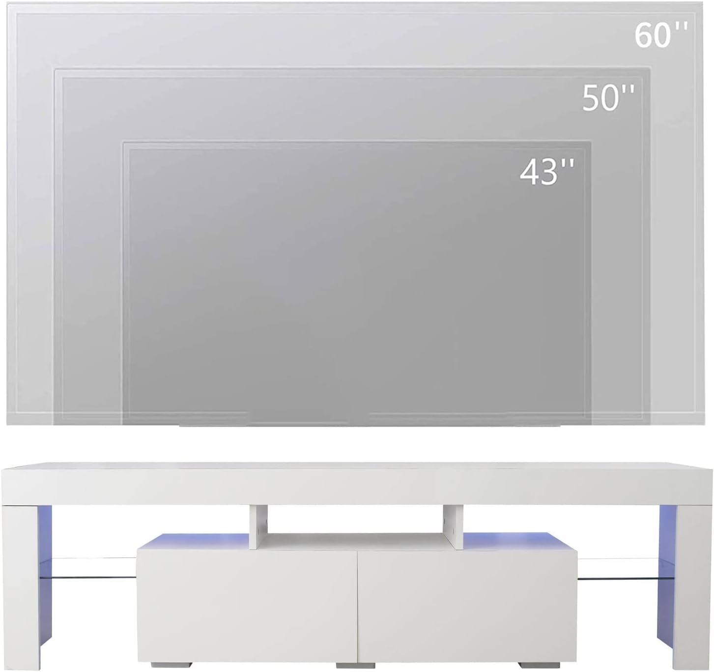 White LED TV Stand for /50/60/70 Inch TVs with Color Change LED Lighting, Universal Entertainment Center for Video Gaming, Movies, and Home Decor, Clear Glass Shelving (White2)