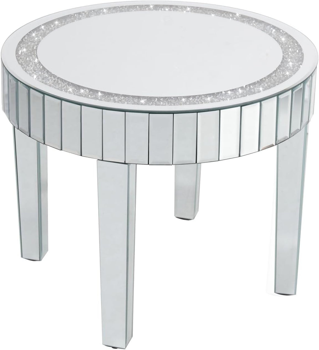 Silver Mirror Accent Table: 23.6 inch Round Mirrored Glass Tabletop Crushed Diamond