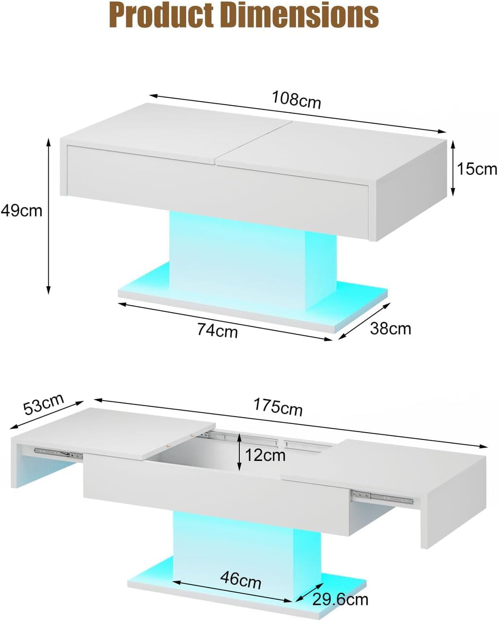 HedoAjim White LED Coffee Table with Storage for Living Room, Living Room Table Rectangular Center Table, Modern High Glossy Wooden Coffee Tables with 16 Colors LED Lights for Dining Reception Room