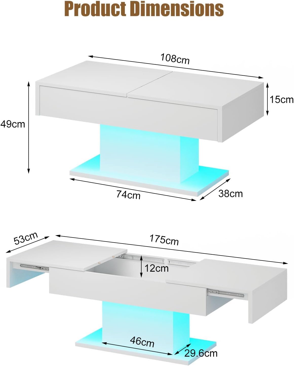 HedoAjim White LED Coffee Table with Storage for Living Room, Living Room Table Rectangular Center Table, Modern High Glossy Wooden Coffee Tables with 16 Colors LED Lights for Dining Reception Room