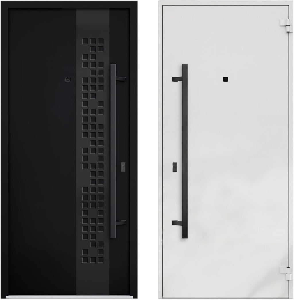 VDOMDOORS Front Exterior Prehung Steel Door/Deux 6078 Black Enamel / 2 Side Exterior Windows Sidelites/Entry Metal Modern Painted W12+36+12' x H80 Right Hand Inswing