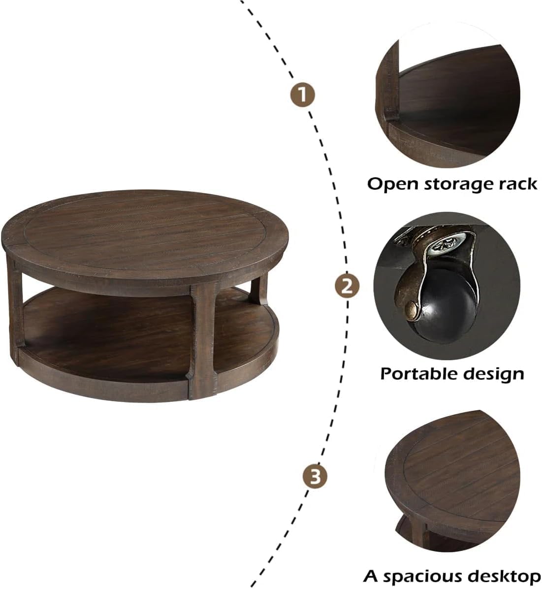 40' Round Coffee Table with Wheels, 2 Tier Solid Wood Center Coffee Tables, Retro Farmhouse Circle End Table for Living Room Apartment Office (Dark Brown)