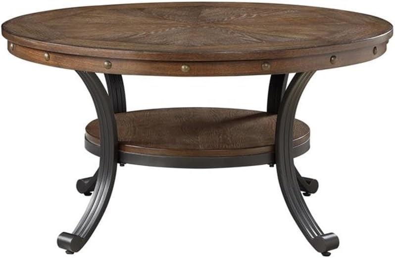 Pemberly Row Rustic Round Wood and Metal Coffee Table, Oak Veneer Top, Rustic Umber Brown Finish, Antique Brass Nailheads, 36 in x 36 in x 19 in, Sturdy Metal Base with Shelf for Living Room Use