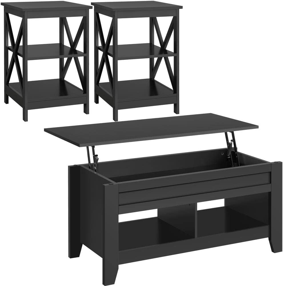 Yaheetech 41in Coffee Table and 2PCS Side Tables Set, Lift Top with Compartment and 3 Tier End Table with Storage Shelf, Living Room Coffee Table with Sofa, Black