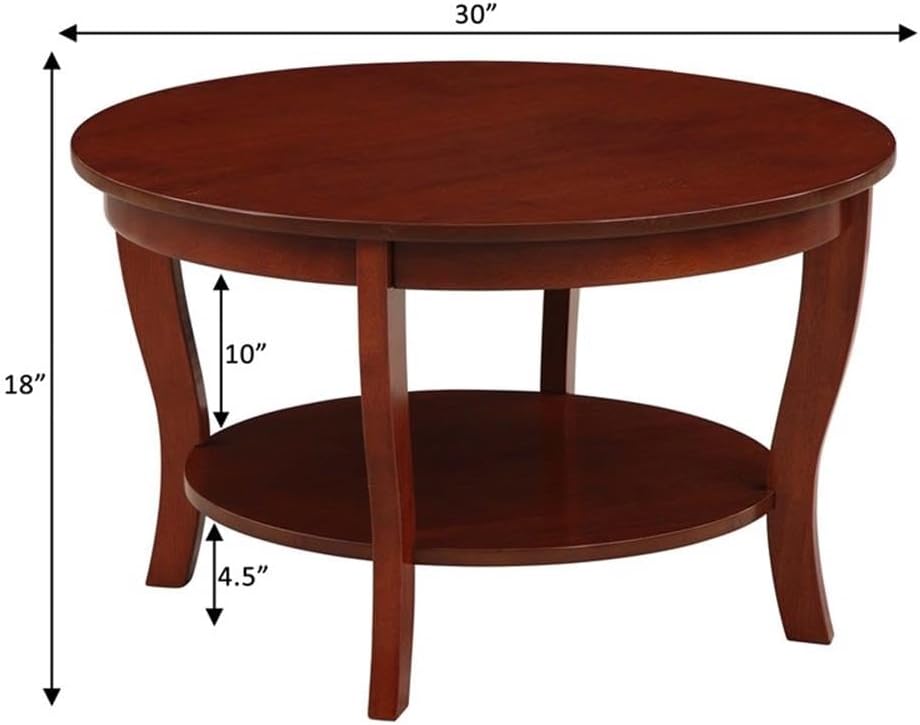 Pemberly Row Round Coffee Table with Shelf, Mahogany Wood Finish, 30 in Diameter, Rubberwood and Veneer Construction, Two Tiers, Classic Design for Living Room or Home