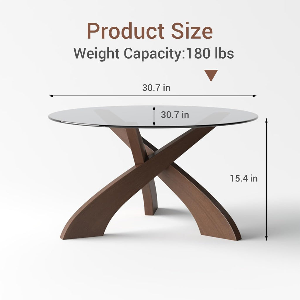 Honyee Glass Coffee Table, 30.7' Round Coffee Table with Tempered Glass Top, Walnut Wood X-Shaped Base, Stable Modern Center Table for Living Room, Apartment and Small Spaces
