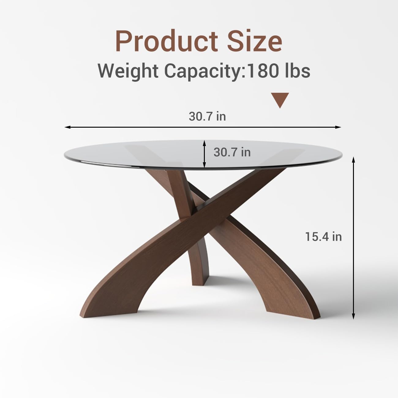 Honyee Glass Coffee Table, 30.7' Round Coffee Table with Tempered Glass Top, Walnut Wood X-Shaped Base, Stable Modern Center Table for Living Room, Apartment and Small Spaces