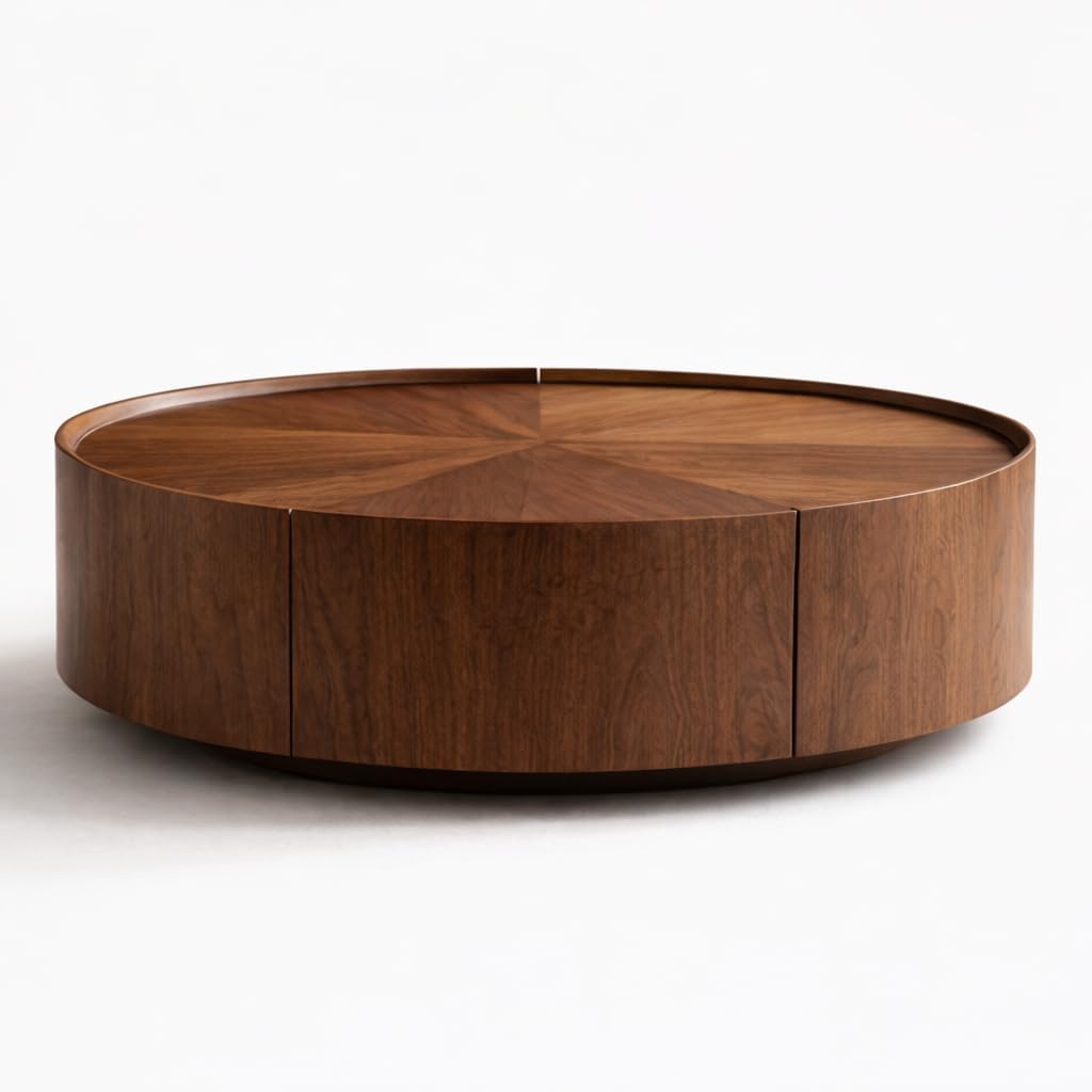 35.4' Round Drum Coffee Table with 2 Drawers, Modern Walnut Wood Storage Coffee Table, Low Profile Circle Cocktail Center Table for Living Room, No Assembly Required