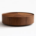 35.4' Round Drum Coffee Table with 2 Drawers, Modern Walnut Wood Storage Coffee Table, Low Profile Circle Cocktail Center Table for Living Room, No Assembly Required