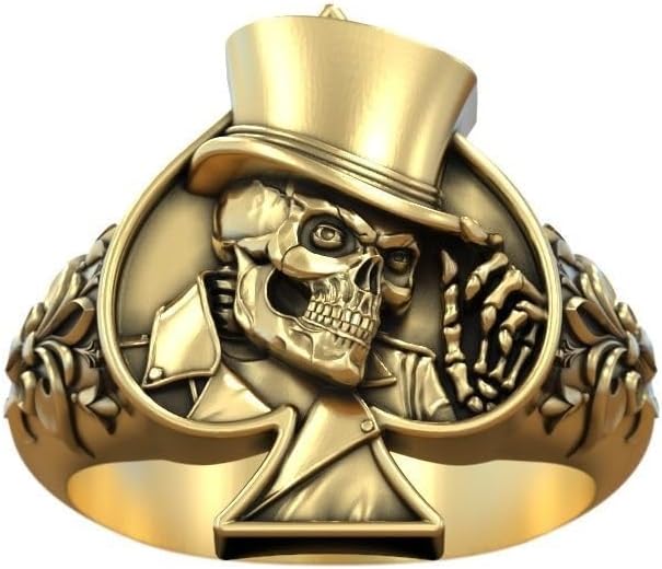 Leaf Art Deco Heraldic Lily Flower Joker Playing Card Spades Skull Ring 14K Gold Plated Gothic Gamblers Men Signet Card Ring Oxidized 925 Sterling Silver Handcrafted Skull Card Spade Ring Gift For Him
