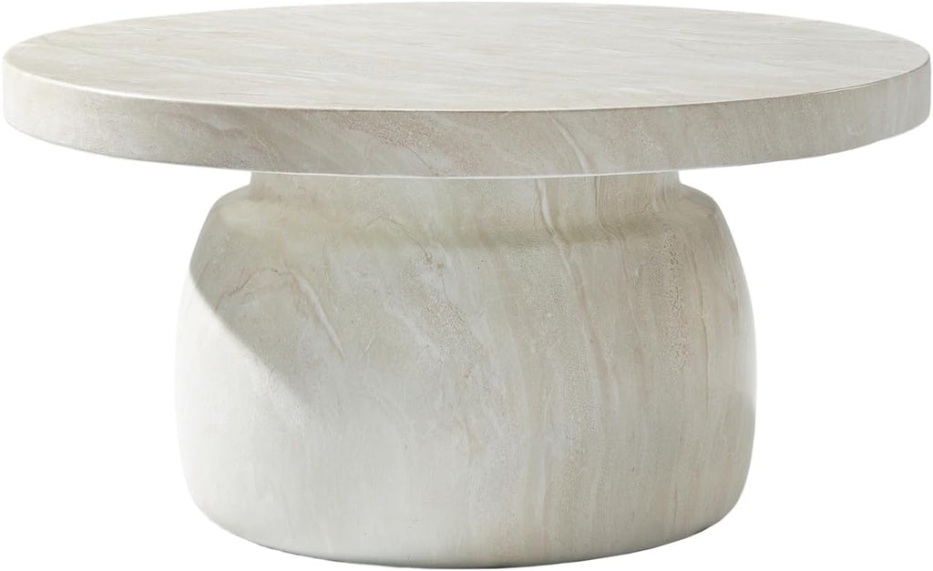 HULALA HOME Modern Marble Coffee Table, 31.5 Inch Round Coffee Table with Marble Concrete Base, for Living Room, with Tabletop, Easy Assembly, Beige